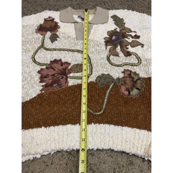 Vintage Womens 80s Polo Sweater Applique Floral Grandma Retro Artsy Boho READ L - Picture 12 of 12